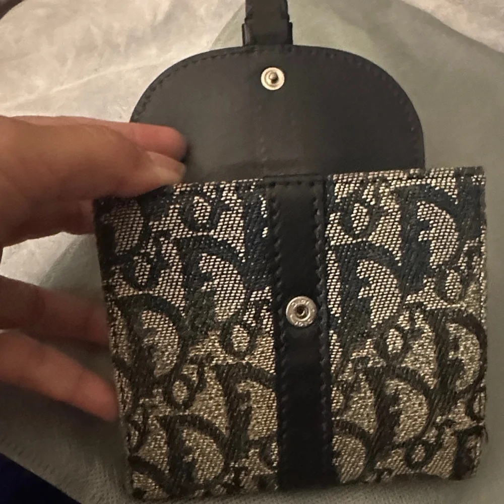 Authentic Christian Dior Blue Canvas Logo Snap Compact Wallet
